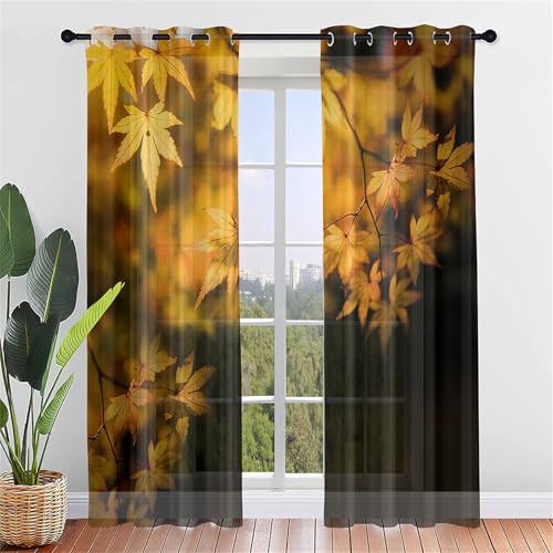 Odot Halbtransparente Vorhänge,3D Herbst Ahornblatt Muster Voile Vorhang mit Ösen 2er Set Gardinen Vorhang Ösenvorhang Fensterschal Moderne Vorhänge Fenster für Küche (140x160cm,Ahornbaum) von Odot
