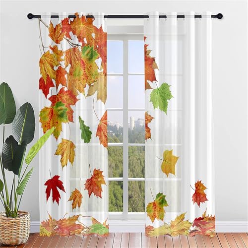 Odot Halbtransparente Vorhänge,3D Herbst Ahornblatt Muster Voile Vorhang mit Ösen 2er Set Gardinen Vorhang Ösenvorhang Fensterschal Moderne Vorhänge Fenster für Küche (140x213cm,Grün Blatt) von Odot