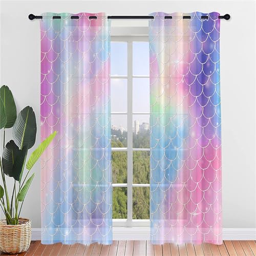 Odot Halbtransparente Vorhänge mit Ösen, 3D Bunt Skalen Muster Voile Vorhang 2er Set Gardinen Vorhang Ösenvorhang Fensterschal Moderne Vorhänge Fenster für Wohnzimmer (107x244cm,Regenbogen) von Odot