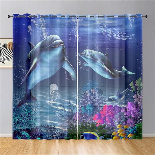 Odot Halbtransparente Vorhänge mit Ösen, 3D Delphin Drucken Voile Vorhang 2er Set Gardinen Vorhang Ösenvorhang Fensterschal Moderne Vorhänge Fenster für Schlafzimmer (Meerestiere,80x115cm) von Odot