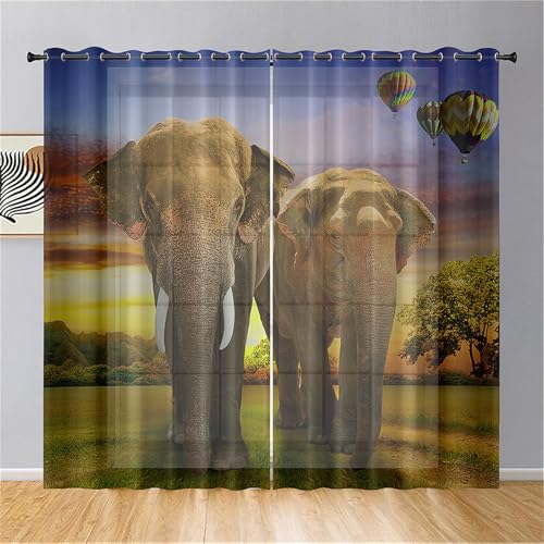 Odot Halbtransparente Vorhänge mit Ösen, 3D Elefant Muster Voile Vorhang 2er Set Gardinen Vorhang Ösenvorhang Fensterschal Moderne Vorhänge Fenster für Küche (132x182cm,Heißluftballon) von Odot