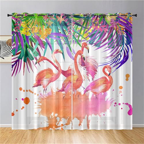 Odot Halbtransparente Vorhänge mit Ösen, 3D Flamingo Muster Voile Vorhang 2er Set Gardinen Vorhang Ösenvorhang Fensterschal Moderne Vorhänge Fenster für Schlafzimmer (107x213cm,Rosa Flamingo) von Odot