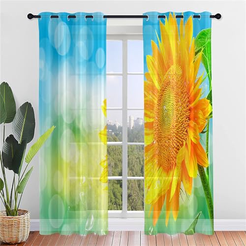 Odot Halbtransparente Vorhänge mit Ösen, 3D Sonnenblume Muster Voile Vorhang 2er Set Gardinen Vorhang Ösenvorhang Fensterschal Moderne Vorhänge Fenster für Küche (Sonnenblume,140x244cm) von Odot