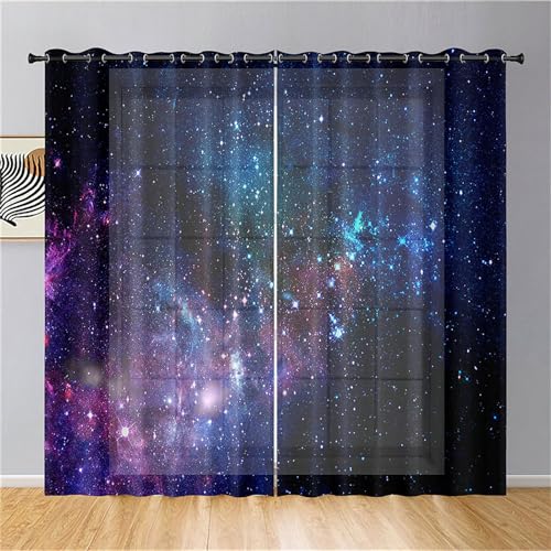 Odot Halbtransparente Vorhänge mit Ösen, 3D Sternenhimmel Muster Voile Vorhang 2er Set Gardinen Vorhang Ösenvorhang Fensterschal Moderne Vorhänge Fenster für Küche (107x160cm,Sternenklarer Himmel) von Odot