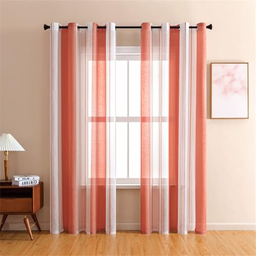 Odot Halbtransparente Vorhänge mit Ösen, Streifen Stil Voile Vorhang Gardinen Vorhang Ösenvorhang Fensterschal 1 Stück Moderne Vorhänge Fenster für Wohnzimmer Küche Balkon (Orange,140x145cm) von Odot
