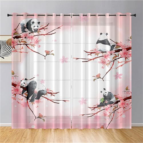 Odot Halbtransparente Vorhänge mit Ösen,3D Panda Muster Voile Vorhang 2er Set Gardinen Vorhang Ösenvorhang Fensterschal Moderne Vorhänge Fenster für Küche (80x115cm,Rosa Pfirsichblüten) von Odot