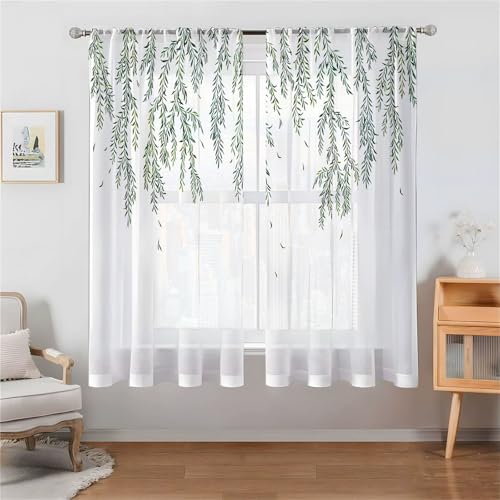 Odot Halbtransparente Vorhänge mit Stangentasche, 3D Grün Blatt Muster Voile Gardinenvorhang 2 er Set Fensterschal Moderne Vorhänge Fenster für Wohnzimmer Schlafzimmer (Blatt,130x120cm) von Odot
