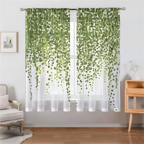 Odot Halbtransparente Vorhänge mit Stangentasche, 3D Grün Blatt Muster Voile Gardinenvorhang 2 er Set Fensterschal Moderne Vorhänge Fenster für Wohnzimmer Schlafzimmer (Blatt 1,130x241cm) von Odot