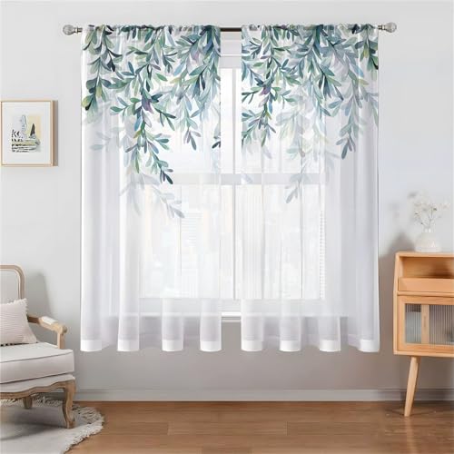 Odot Halbtransparente Vorhänge mit Stangentasche, 3D Grün Blatt Muster Voile Gardinenvorhang 2 er Set Fensterschal Moderne Vorhänge Fenster für Wohnzimmer Schlafzimmer (Grün Blatt,130x213cm) von Odot