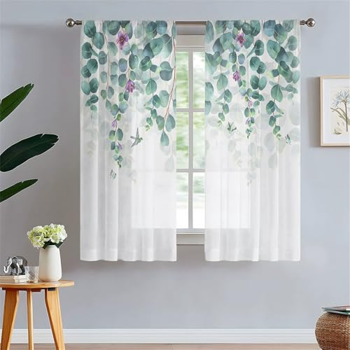 Odot Halbtransparente Vorhänge mit Stangentasche, 3D Grün Blatt Muster Voile Gardinenvorhang 2 er Set Fensterschal Moderne Vorhänge Fenster für Wohnzimmer Schlafzimmer (Lila Blüte,130x183cm) von Odot