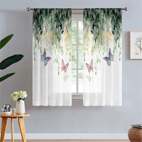 Odot Halbtransparente Vorhänge mit Stangentasche, 3D Grün Blatt Muster Voile Gardinenvorhang 2 er Set Fensterschal Moderne Vorhänge Fenster für Wohnzimmer Schlafzimmer (Schmetterling,130x120cm) von Odot