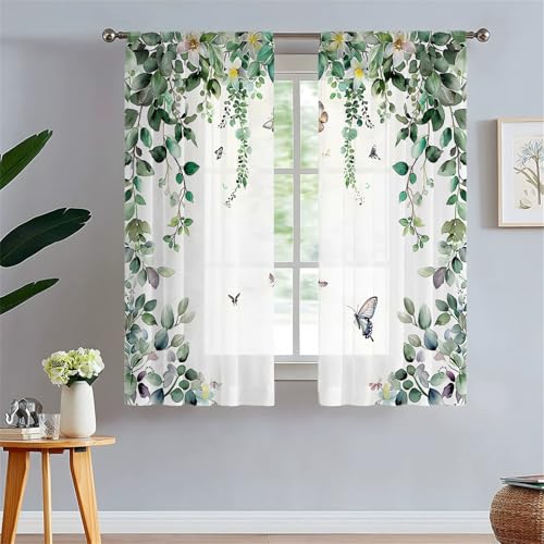 Odot Halbtransparente Vorhänge mit Stangentasche, 3D Grün Blatt Muster Voile Gardinenvorhang 2 er Set Fensterschal Moderne Vorhänge Fenster für Wohnzimmer Schlafzimmer (Zweig,130x241cm) von Odot