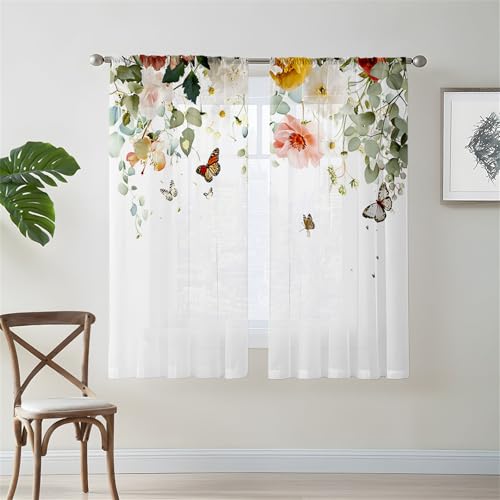 Odot Halbtransparente Vorhänge mit Stangentasche, 3D Schmetterling Muster Voile Gardinenvorhang 2 er Set Fensterschal Moderne Vorhänge Fenster für Wohnzimmer Küche (Eukalyptusblatt,130x213cm) von Odot