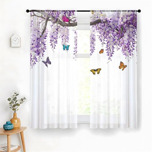 Odot Halbtransparente Vorhänge mit Stangentasche, 3D Schmetterling Muster Voile Gardinenvorhang 2 er Set Fensterschal Moderne Vorhänge Fenster für Wohnzimmer Küche (Glyzinien,130x120cm) von Odot
