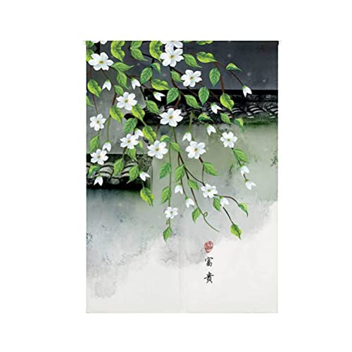 Odot Japanischer Noren Lang Vorhang Türvorhang, Chinese Style Blume Gardinen Schattierung Tür Vorhang Tapisseri Leinen kurz Vorhänge Restaurant Küche Hälfte Türvorhänge (White Flower,85x120cm) von Odot