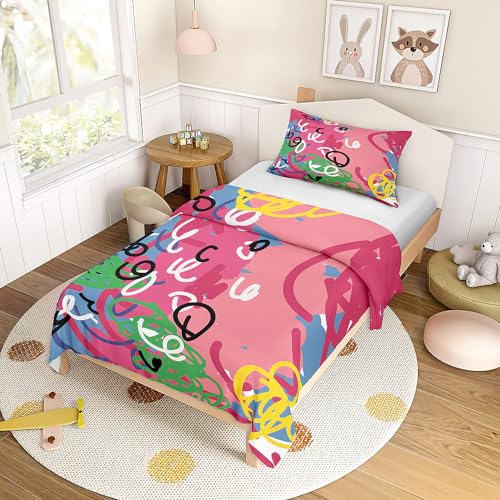 Odot Kinderbettwäsche für Jungen und Mädchen, Graffiti Muster Kleinkinder Baby Bettwäsche-Set, Bettbezug & Kopfkissenbezug, Babybett Kinder Babybettwäsche Set (Rosenrot,120x150cm) von Odot
