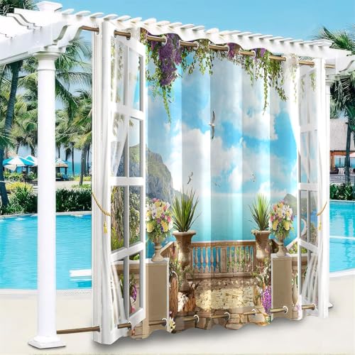 Odot Outdoor Vorhang Wetterfest, Wasserdicht Outdoorvorhänge mit Ösen Oben und Unten, 3D drucken 1 Stück Verdunkelungsvorhang Sonnenschutz für Garten Pavillon Terrasse (Garten,132x243cm) von Odot
