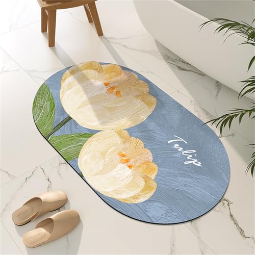 Odot Oval Badematte rutschfest, Pastoralstil Schnelltrocknende Badezimmerteppich Super Saugfähig Kieselgur Duschmatte Absorbierende Badvorleger für Dusche Badewannen (Blau,80x120cm) von Odot
