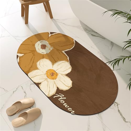 Odot Oval Badematte rutschfest, Pastoralstil Schnelltrocknende Badezimmerteppich Super Saugfähig Kieselgur Duschmatte Absorbierende Badvorleger für Dusche Badewannen (Braun,50x80cm) von Odot