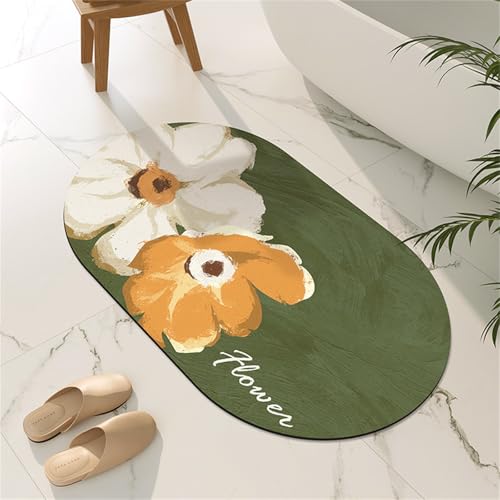Odot Oval Badematte rutschfest, Pastoralstil Schnelltrocknende Badezimmerteppich Super Saugfähig Kieselgur Duschmatte Absorbierende Badvorleger für Dusche Badewannen (Grün,60x90cm) von Odot