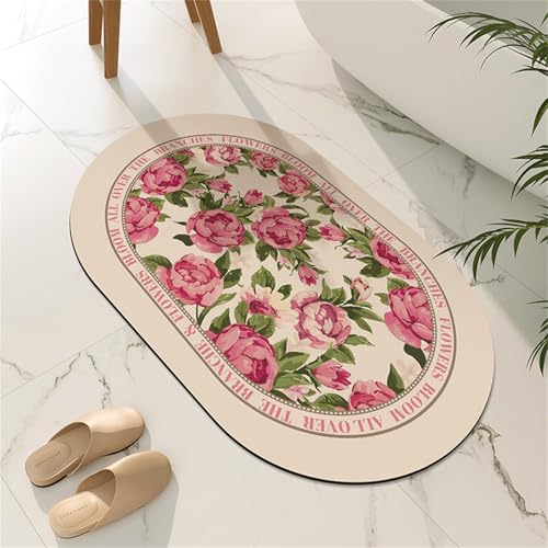 Odot Oval Badematte rutschfest, Pastoralstil Schnelltrocknende Badezimmerteppich Super Saugfähig Kieselgur Duschmatte Absorbierende Badvorleger für Dusche Badewannen (Rosen,80x120cm) von Odot
