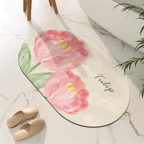 Odot Oval Badematte rutschfest, Pastoralstil Schnelltrocknende Badezimmerteppich Super Saugfähig Kieselgur Duschmatte Absorbierende Badvorleger für Dusche Badewannen (Tulpen,50x80cm) von Odot