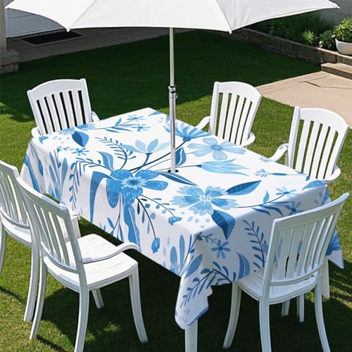 Odot Regenschirm Tischdecke Outdoor, Außenbereich Wasserdicht Rechteckige Tischtuch mit Sonnenschirm Loch und Reißverschluss für Terrasse, Garten, Party,Patio, Pflanze Kunst (Blau,259x152cm) von Odot
