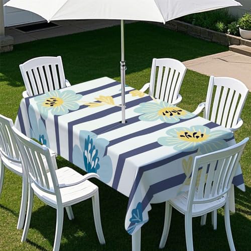 Odot Regenschirm Tischdecke Outdoor, Wasserdicht Tischtuch mit Loch Sonnenschirm Reißverschluss Tischdecke Outdoor Rechteckig für Terrasse, Garten, Patio, 3D Streifen Blumen (Blau,213x152cm) von Odot
