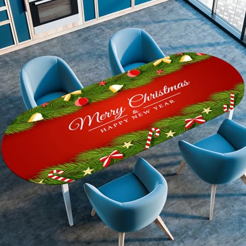 Odot Rote Weihnachten Waschbare Elastische Runde Tischdecke Oval Abwaschbar Spanntischdecke Oval Gartentischdecke Outdoor Tischdecke mit Gummizug, Heiligabend (Glocken,107x165cm) von Odot