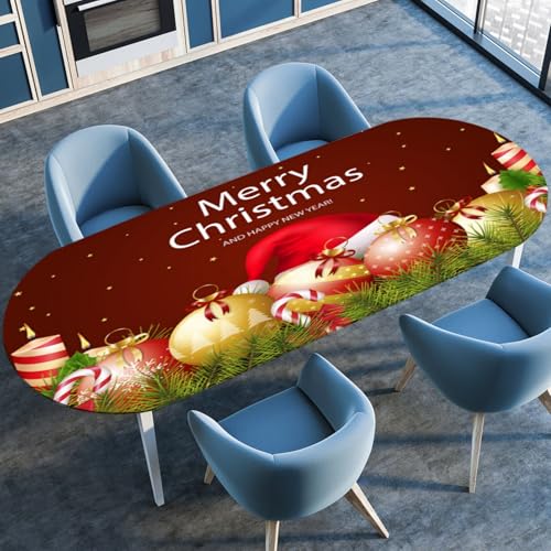 Odot Rote Weihnachten Waschbare Elastische Runde Tischdecke Oval Abwaschbar Spanntischdecke Oval Gartentischdecke Outdoor Tischdecke mit Gummizug, Heiligabend (Hut,114x142cm) von Odot