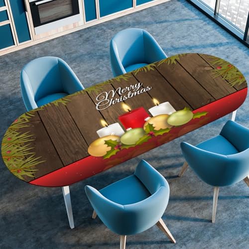Odot Rote Weihnachten Waschbare Elastische Runde Tischdecke Oval Abwaschbar Spanntischdecke Oval Gartentischdecke Outdoor Tischdecke mit Gummizug, Heiligabend (Kerzen,107x183cm) von Odot