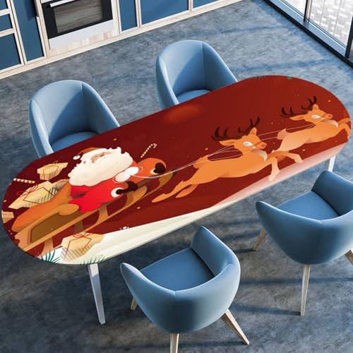 Odot Rote Weihnachten Waschbare Elastische Runde Tischdecke Oval Abwaschbar Spanntischdecke Oval Gartentischdecke Outdoor Tischdecke mit Gummizug, Heiligabend (Weihnachtsmann,132x178cm) von Odot