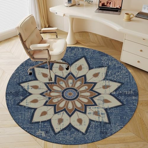 Odot Runde Bodenschutzmatte Bürostuhl, Bürostuhl Unterlage Diverse Größen Schreibtischstuhl Unterlage rutschfest Bodenschutzmatte Gaming Teppich für Hartböden Büro (Jeansblaues Mandala,80cm) von Odot