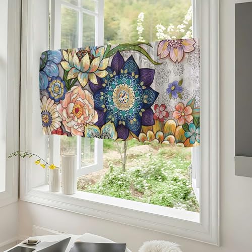 Odot Scheibengardinen Modern Kurz Küche,Kurzvorhang Bistrogardine Küche Blickdicht Landhausstil 1 Stück Mandala Stil Kurzstores Gardinen mit Stangendurchzug für Fenster (Blumen,W 140 H 60cm) von Odot
