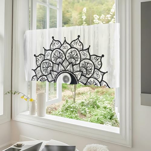 Odot Scheibengardinen Modern Kurz Küche,Kurzvorhang Bistrogardine Küche Blickdicht Landhausstil 1 Stück Mandala Stil Kurzstores Gardinen mit Stangendurchzug für Fenster (Weiß,W 137 H 45cm) von Odot