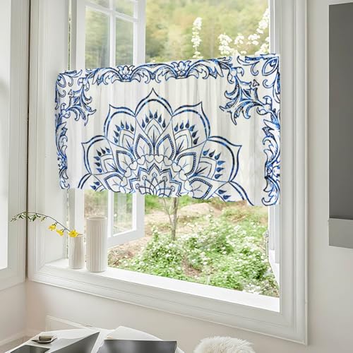 Odot Scheibengardinen Modern Kurz Küche,Kurzvorhang Bistrogardine Küche Blickdicht Landhausstil 1 Stück Mandala Stil Kurzstores Gardinen mit Stangendurchzug für Fenster (blau,W 145 H 55cm) von Odot