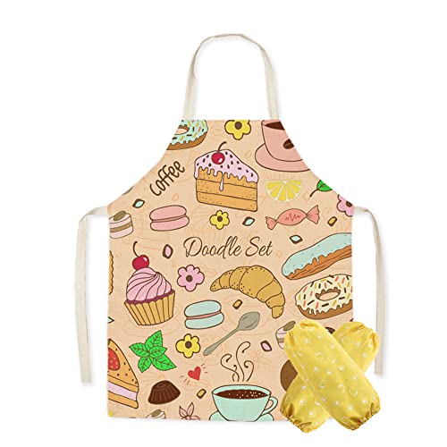Odot Schürze Kinder Leinen Kochschürze für Mädchen mit Nachtisch Kuchen Muster Verstellbar Küchen Schürze Latzschürze für Elternteil-Kind Kochen Backen Küche Schule (Croissant,45x56cm) von Odot