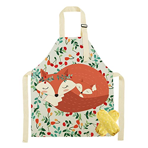Odot Schürze Leinen Kinder,Fuchs Drucken Kochschürze Mädchen Junge 3-12 Jahre Küchenschürze Verstellbar Nackenriemen Latzschürze für Eltern & Kind Kochen, Malen Basteln (One Size,Rote Kirschen) von Odot