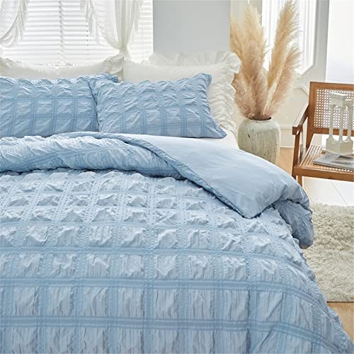 Odot Seersucker Bettbezug, Erwachsene Teenager Kinder Bettwäsche Set mit Bettbezug & Kissenbezüge, Mikrofaser Bettbezug Set für Einzelbett Doppelbett (135x200cm-2 Teilig,Blau) von Odot