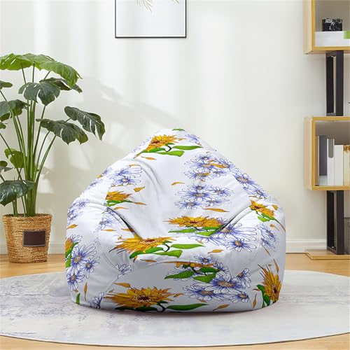 Odot Sitzsack Bezug, Sonnenblumenmuster Sitzsack, Sitzkissen Ohne Füllung, Weicher Flauschiger Sofabettbezug, Komfortabler Abnehmbarer Bean Bag für Indoor Outdoor Living Decor (Blau,L(90x110cm)) von Odot