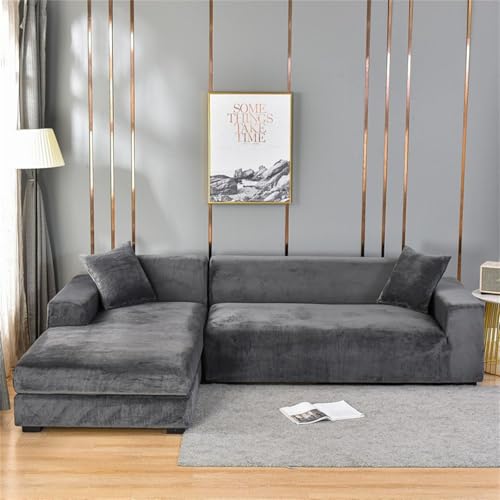 Odot Sofa Überzug,Weich Silberfuchssamt Sofabezug Ecksofa,Couch Überzug für 1/2/3/4 Sitzer,Modern Sofa Überzug,rutschfest Elastische Sofabezug L Form Sofaschoner für Schmücken (Dunkelgrau,4 Sitzer) von Odot