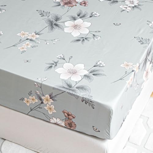 Odot Spannbettlaken Elastisch, Blume Drucken Mikrofaser Spannbetttücher Tiefe Taschen Spannbetttuch Weiche Spannleintuch Bettlaken für Einzelbett Doppelbett (200x200+25cm,Blumenzweige) von Odot