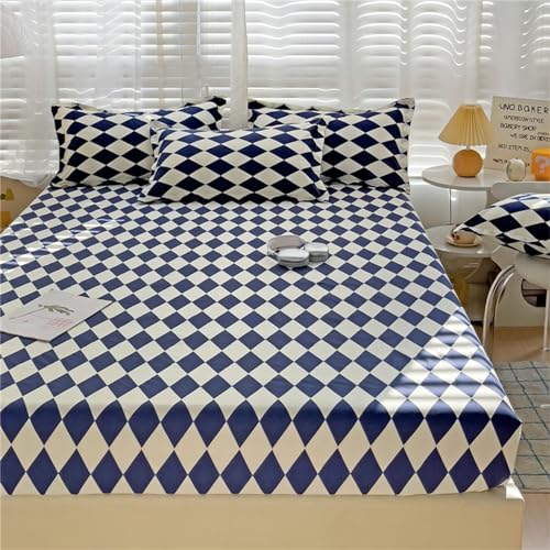 Odot Spannbettlaken Elastisch, Checkerboard Drucken Mikrofaser Spannbetttücher bis 25cm Tiefe Taschen Spannbetttuch Weiche Knitterfrei Spannleintuch Bettlaken (Dunkelblau,150x200cm) von Odot