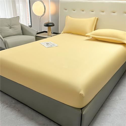 Odot Spannbettlaken Satin, Solide Farbe Elastisch Spannbetttücher bis 25cm Tiefe Taschen Spannbetttuch Weiche Spannleintuch Bettlaken für Einzelbett Doppelbett (Gelb,180x200cm) von Odot