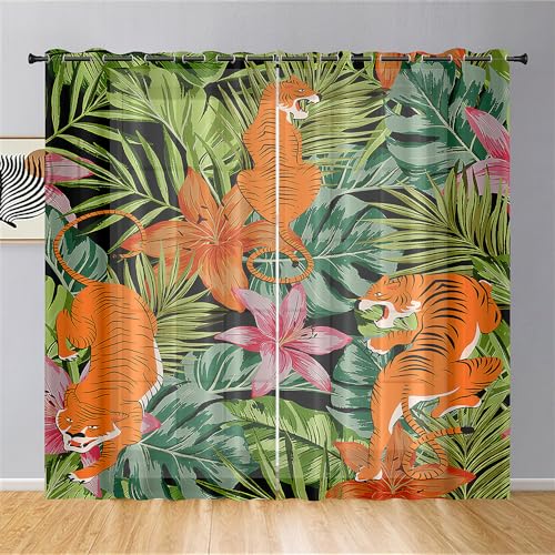 Odot Transparent Gardinen mit Ösen Schlaufen, 3D Tiger Drucken Vorhänge Voile Sheer Vorhang Dekoschal Fensterschal Ösenvorhang für Wohnzimmer Fenster 2er Set (Dschungel,107x213cm) von Odot