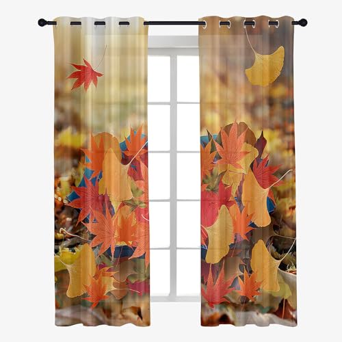 Odot Transparent Gardinen mit Ösen Schlaufen, Ahornblatt Drucken Vorhänge Voile Sheer Vorhang Dekoschal Fensterschal Ösenvorhang für Wohnzimmer Fenster 2er Set, Schienensystem (Blatt,107x160cm) von Odot
