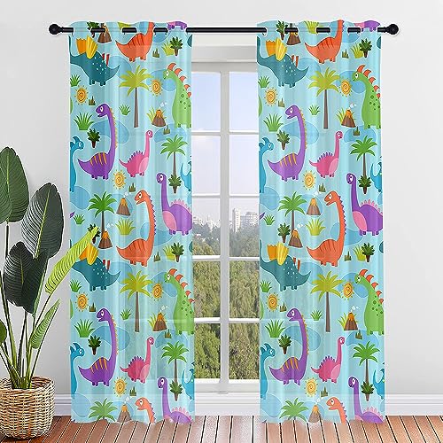 Odot Transparent Gardinen mit Ösen Schlaufen, Dinosaurier Druck Vorhänge Voile Sheer Vorhang Dekoschal Fensterschal Ösenvorhang für Wohnzimmer Fenster 2er Set, Schienensystem (140x244cm,Blau) von Odot