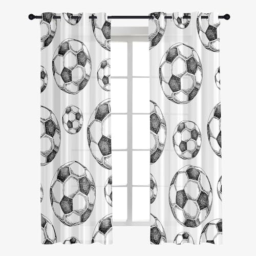 Odot Transparent Gardinen mit Ösen Schlaufen, Fußball Druck Vorhänge Voile Sheer Vorhang Dekoschal Fensterschal Ösenvorhang für Wohnzimmer Fenster 2er Set (Weiß,107x160cm) von Odot