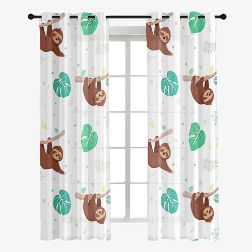 Odot Transparent Gardinen mit Ösen Schlaufen, Kinder Drucken Vorhänge Voile Sheer Vorhang Dekoschal Fensterschal Ösenvorhang für Wohnzimmer Fenster 2er Set (107x244cm,Faultier) von Odot