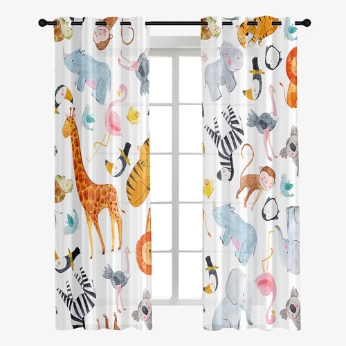 Odot Transparent Gardinen mit Ösen Schlaufen, Kinder Drucken Vorhänge Voile Sheer Vorhang Dekoschal Fensterschal Ösenvorhang für Wohnzimmer Fenster 2er Set (132x244cm,Tiere) von Odot